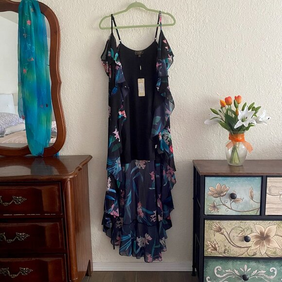 New Lipsy London Maxi Dress 6 (10 UK) Black Floral Chiffon Wrap High-Low Ruffle - Picture 7 of 16
